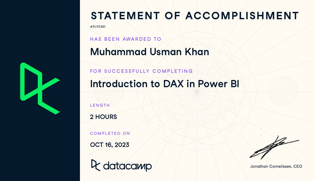 Introduction to DAX in Power BI certificate