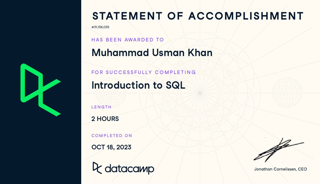 Introduction to SQL certificate